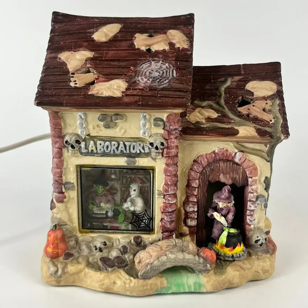 Halloween Village Lighted Laboratory Witches Brew Mummy Haunted House Ceramic